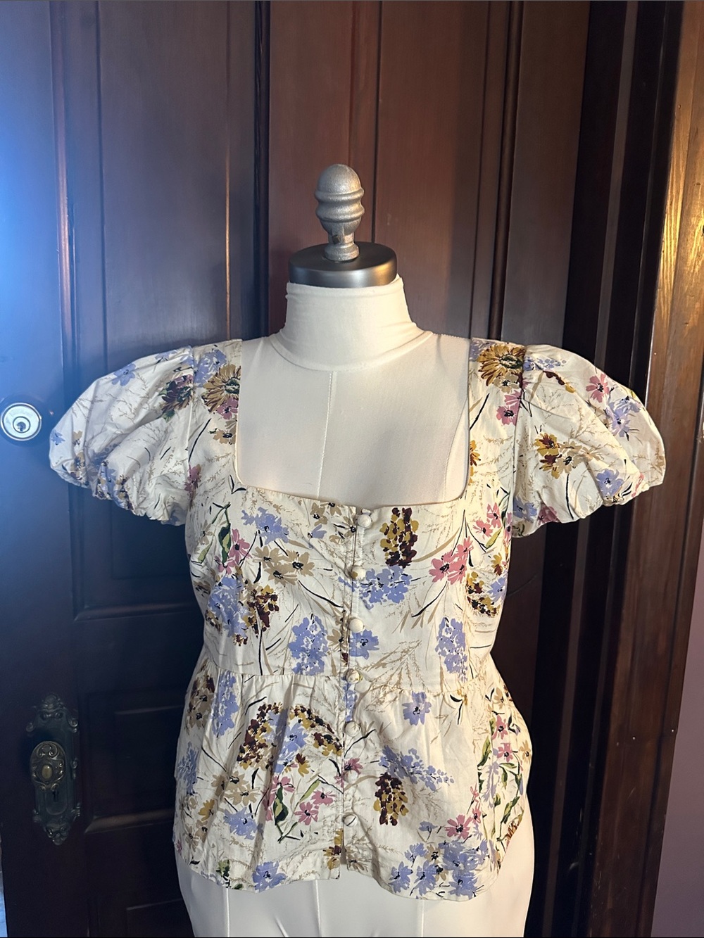 Anthropologie 100% Cotton Cream Floral Puff-Sleeve Square-Neck Babydoll Top